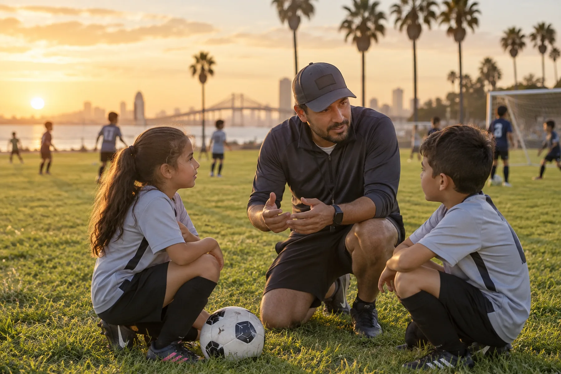 Coach mentoring two young soccer players
