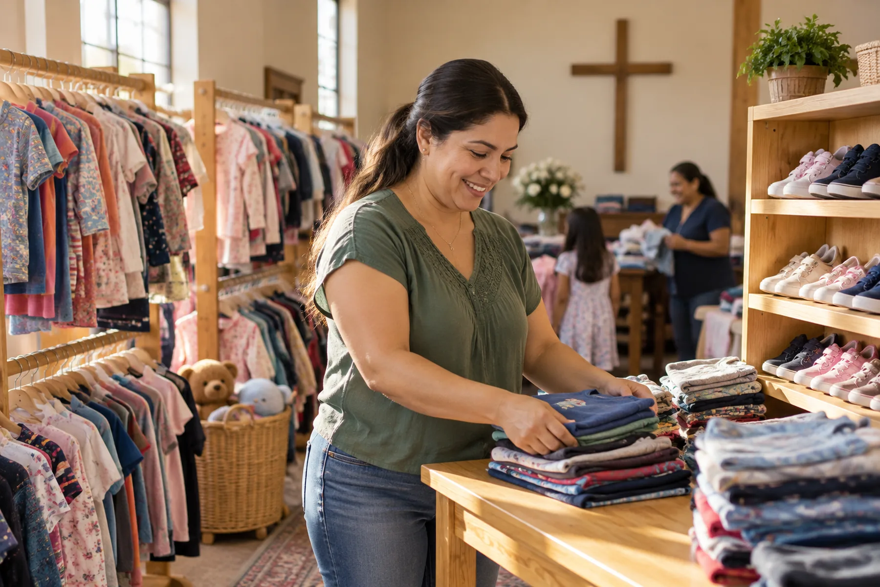 Volunteer arranging children's clothing in a boutique-style closet