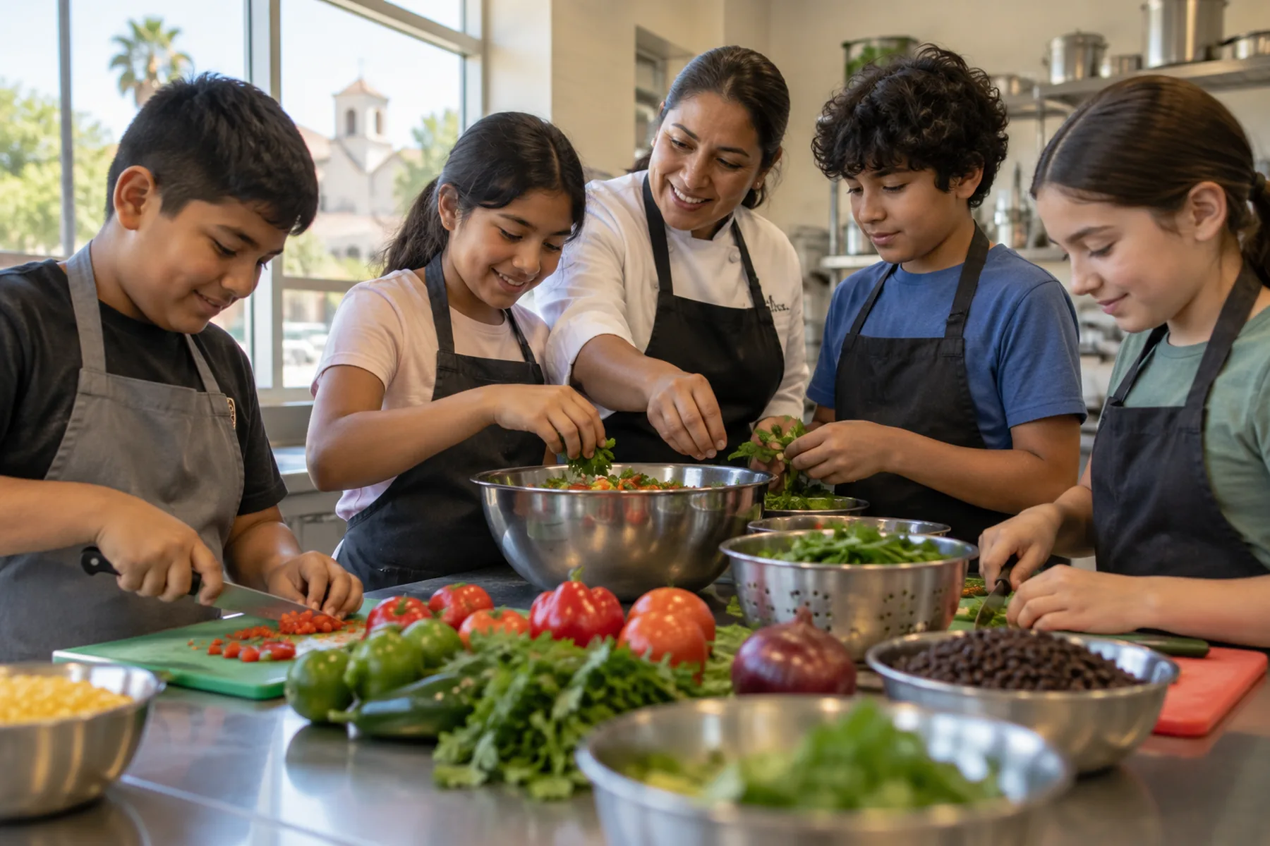 Children cooking a healthy meal in a teaching kitchen